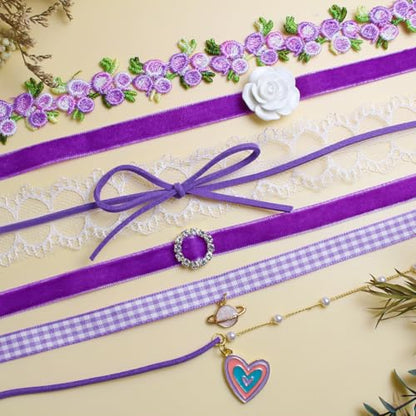Nova&Aria Chokers Set For Women Heart Choker Necklaces Flower Pendant Velvet Cute Pink Turquoise Blue White Black Choker Necklace Christmas Colorful Lace Chokers - color: Purple
