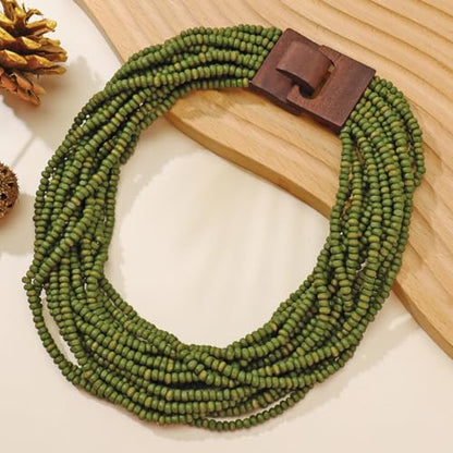 Coiris Beaded Strand Necklace for Women Boho Chunky Beaded Strand Necklace Bohemian Summer Beach Necklace Jewelry for Women(N0059-Black) - color: Green