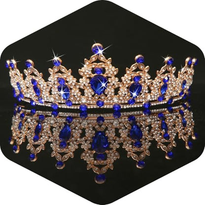 Kamirola - Queen Crown and Tiaras Princess Crown for Women Crystal Headbands for Bridal, Princess for Wedding and Party - color: Gold Blue