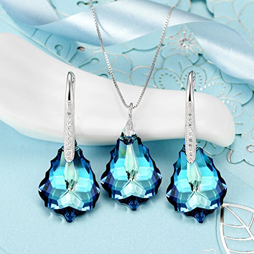EleQueen 925 Sterling Silver CZ Baroque Drop Pendant Necklace Dangle Earrings Set Made with Austrian Crystal, Valentine's Day/Mother's Day/Christmas Jewelry Gift - color: Bermuda Blue