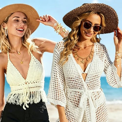 Seashell Starfish Jewelry Set for Women Ocean Vacation Accessories Layered Charm Necklace Bracelets Earrings Rings Anklet Summer Beach Jewelry Gifts - style: Style:Gold Ocean B