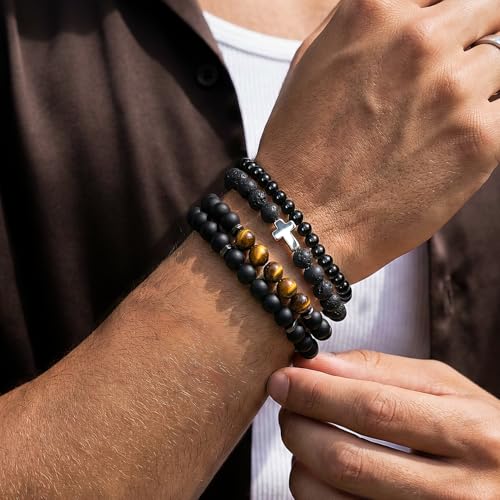 Flybar Men's 4 Piece Beaded Bracelet Set, Natural Lava Stone Black Onyx Matte Agate Tiger Eye, Stretchable Elastic Handmade Stackable - color: CD01 Tiger Eye Cross