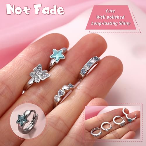YADOCA Hypoallergenic Hoop Earrings For Girls Women Kids Toddler Earrings | Cute Small Huggie Hoop Earring Set Colorful Blue Pink CZ Cartilage Earring 10mm 4 Pairs Butterfly Star Wear While Sleeping - color: Blue