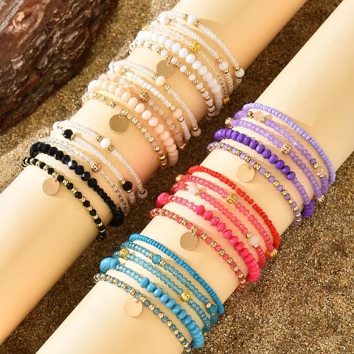 Bohemian Handmade Crystal Seed Beads Disc Pendant Colorful Multilayered Elastic Bracelets Stackable Stretch Strand Bangles Friendship Summer Beach Jewelry for Women - color: white