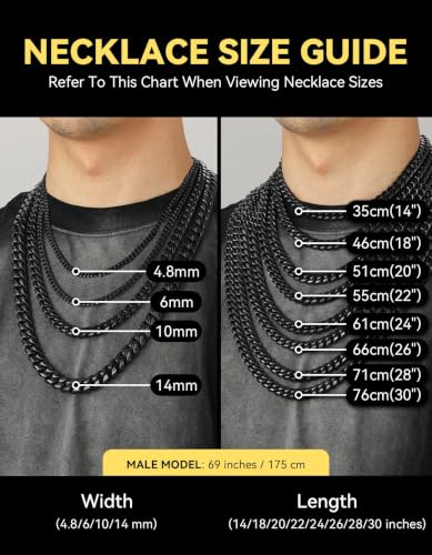 ChainsHouse Miami Cuban Link Chain Necklace for Men, Stainless Steel | 4.8/6/10/14mm Widths, Black/14K Gold Plated Finishes, Hip Hop Style, Daily Wear, Gift Box Included - color: Black