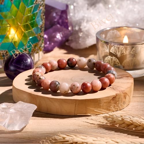 Bivei 8mm Beaded Bracelets for Women Handmade Semi Precious Natural Stone Stretch Elastic Jewelry Yoga Protection Gifts - color: Plum Blossom Jade-Hope & renascence, size: Medium 6.8-7.3 inch