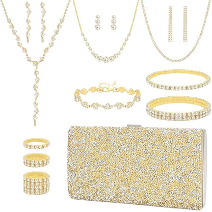 NEWITIN Purse Rhinestone Jewelry Set for Women Prom Jewels Crystal Clutch Purse Necklaces Rings Bracelets Earrings Gold Silver Jewelry Set for Women Bride - color: 16 Pieces Gold