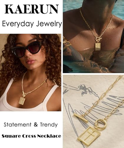 Chunky Gold Necklace for Women Trendy Non Tarnish 14K Gold Plated Paperclip Chain Charm Necklaces Chunky Heart Cross Clover Pearl Pendant Necklace with Toggle Clasp Statement Jewelry Gift for Women - color: C-Square Cross