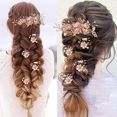 5 Pieces Bridal Flower Wedding Hair Pins Crystal Pearl Hair Combs Clips Headpiece Gold Wedding Hair Accessories Jewelry with Rhinestone for Brides Bridesmaids Women Girls Updo (Cherry Blossoms Pink) - color: Flourish Flowers Series&Cherry Blossoms Pink