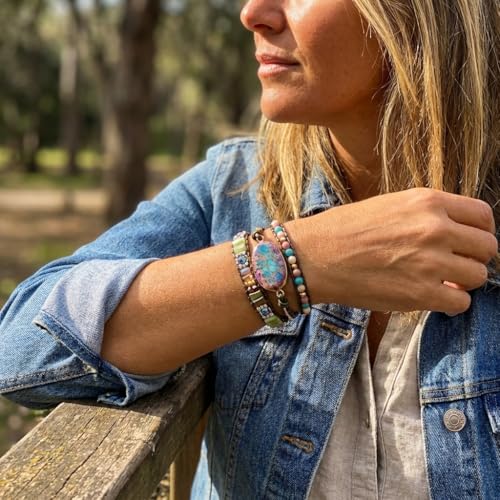 YGLINE Boho Handmade Natural Stone Wrap Bracelets Jasper Crystal Beads Bracelet Jewelry - color: jasper 1-3 wrap