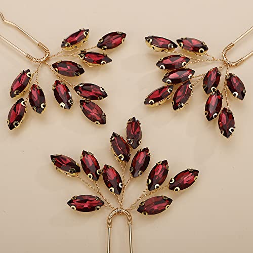 Teyglen 3pcs Bridal Crystal Hair Pins Rhinestones Hair Pieces Simple Crystal Wedding Hair Accessories Handmade Hair Pins for Women Bride Girls (Wine red) - color: Wine red