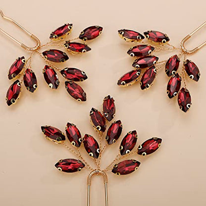 Teyglen 3pcs Bridal Crystal Hair Pins Rhinestones Hair Pieces Simple Crystal Wedding Hair Accessories Handmade Hair Pins for Women Bride Girls (Wine red) - color: Wine red