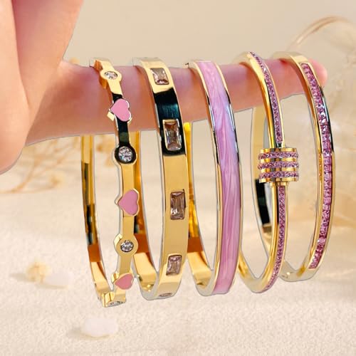 Camhanno Pink Heart Bangle Bracelets for Women - 18K Gold Plated Stackable Stainless Steel, Friendship & Love Jewelry Gift for Her - color: Pink