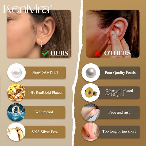 Kenivira Gold Pearl Hoop Earrings for Women | 18K Gold Huggie Dangle Earrings | Lightweight Small Hoop Earrings - color: Pearl & Rectangle