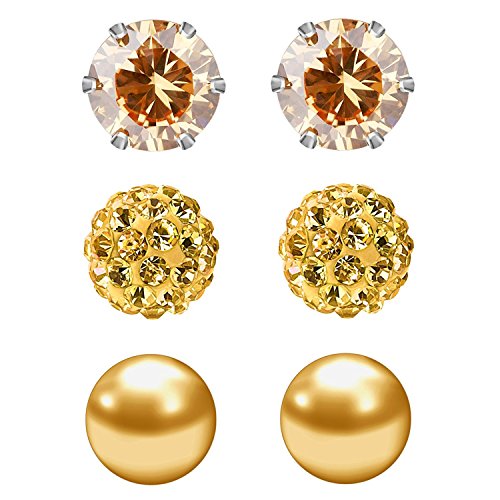 JewelrieShop Birthstone Studs Earring Set Cubic Zirconia Rhinestones Crystal Ball Faux Pearl Stainless Steel Stud Earrings for Women Jewelry Gift (6mm Round,3 Pairs) - color: 6) June. - Champagne