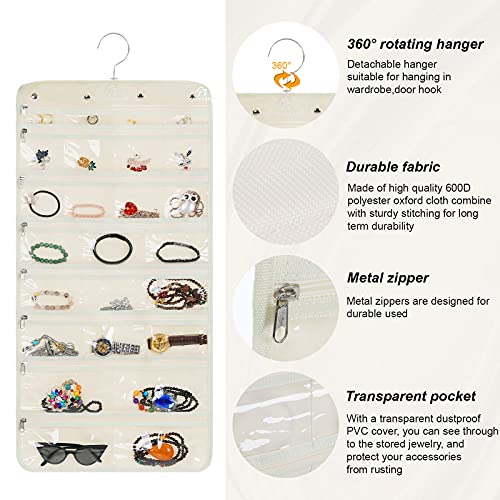 Freegrace Hanging Jewelry Organizer Revolving Hanger - Secure Zipper Closure - 25 Pockets,23 Hooks - Foldable Storage & Display Solution - For All Jewelry & Bijoux (Beige)