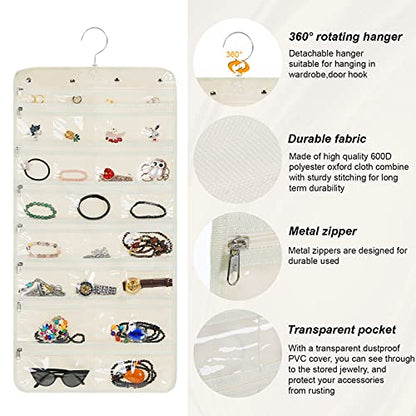 Freegrace Hanging Jewelry Organizer Revolving Hanger - Secure Zipper Closure - 25 Pockets,23 Hooks - Foldable Storage & Display Solution - For All Jewelry & Bijoux (Beige)