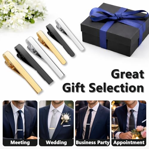 Tie Clips for Men 6-Pack, Viaky Classic Tie Bar Gold Silver Black 3 Tones | Men's Jewelry Accessories Necktie Clip for Wedding, Business and Formal,Gifts for Father, Husband, Boyfriend,etc.