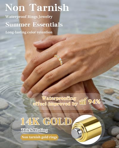 14K Gold Filled Rings for Women, Cubic Zirconia Half Eternity Stackable Ring, Wedding Bands for Women Non Tarnish Waterproof - Wedding Anniversary Engagement Statement Travel Rings Size 5-10