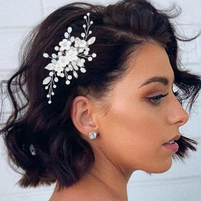 Flower Wedding Hair Clip Silver Pearl Bridal Hair Barrettes Rhinestones Hair Piece for Women and Brides