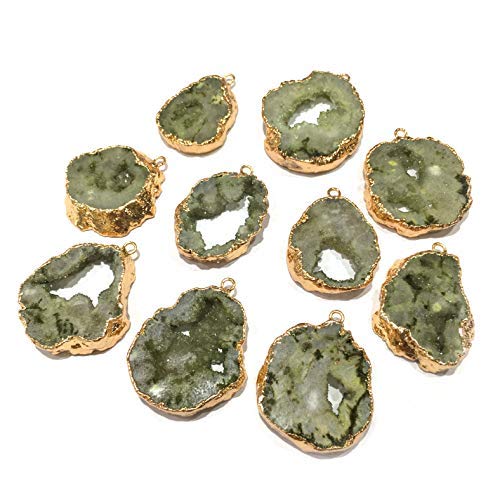 Natural Stone Pendant, Irregular Plated Gold Edge Crystal Agate Stone Pendant for Jewelry Making DIY Necklace Charms 25X30-35X45mm (2 Pcs) - color: olive green