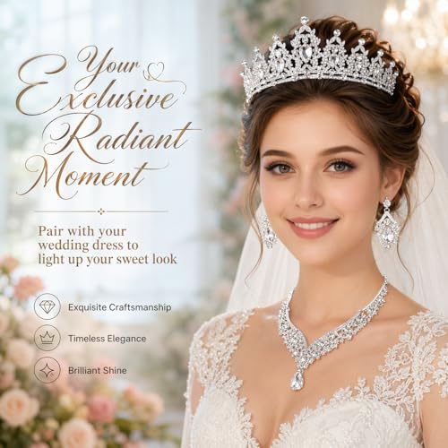 Tiaras and Crowns for Women,Tiaras Earrings Necklace, Crystal Bridal Jewelry Set - color: Silver white