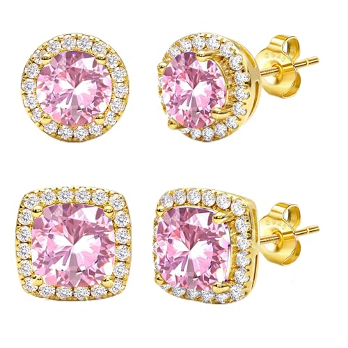 2 Pairs S925 Sterling Silver Stud Earrings for Women Halo Cubic Zirconia | 14K Gold Plated Hypoallergenic Non Tarnish Round Square Silver Stud Earring for Women Men Dainty Trendy Jewelry - style: Gold-Pink Stone