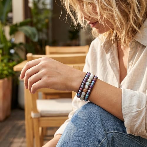 YGLINE Boho Handmade Natural Stone Bead 3 Row Wide Wrap Wrist Statment Bracelet Jewelry Collection - color: regalite ＆amazonite