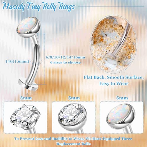 3PCS 14G Surgical Steel Floating Belly Button Ring for Women Petite Belly Rings CZ Opal Flat Back Small Navel Ring with 3PCS Replacement Balls Internally Threaded Tiny Belly Piercing 6-16MM - color: Silver, size: 10mm（Regular）