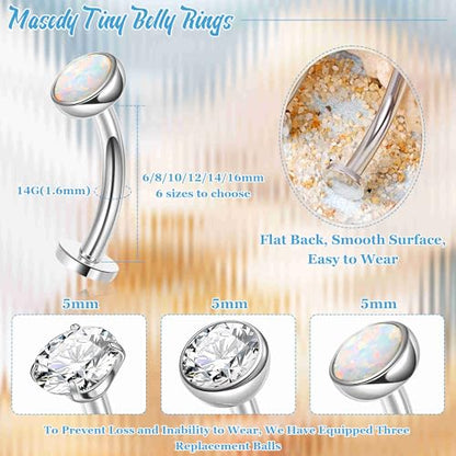 3PCS 14G Surgical Steel Floating Belly Button Ring for Women Petite Belly Rings CZ Opal Flat Back Small Navel Ring with 3PCS Replacement Balls Internally Threaded Tiny Belly Piercing 6-16MM - color: Silver, size: 10mm（Regular）