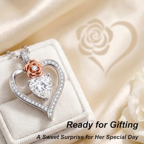 KQ&TTENG Heart Necklaces for Women 14K Gold Plating Hearts Necklace CZ Romantic Rose Pendant Mothers Day Anniversary Birthday Gift for Wife Mom Her - style: 11-Rose Heart Stone Necklace