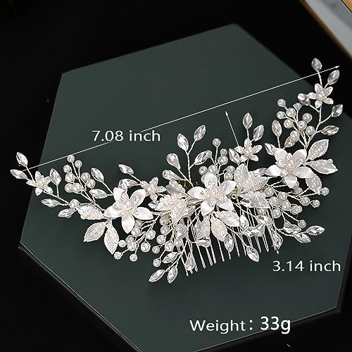 Crystal Bride Wedding Hair Comb Pearl Flower Bridal Hair Piece Hair Accessories for Women and Girls | Wedding Hair Clip for Brides, Handmade Pearl Hair Comb, Rhinestone Bridal Hair Accessories, Bridal Hair Piece for Women