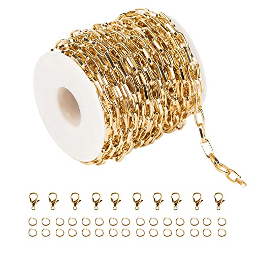 32.8 Feet Aluminum Link Chain Light Gold Flat Oval Chains for Jewelry Making Unwelded Paperclip Chain Spool Necklace Chains Bulk with Lobster Clasps and Jump Rings - color: 5.5×11mm-Gold