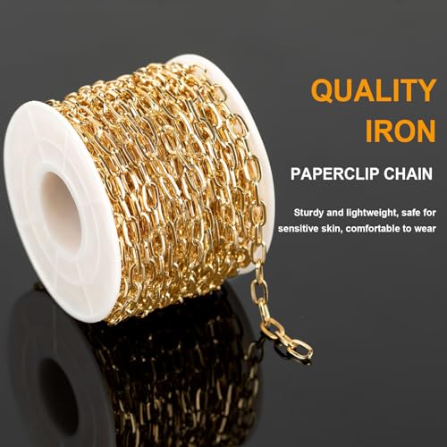 32.8 Feet Thin Paperclip Chains Width 4MM Craft Chain for Necklace Bracelet Earring Making Gold Plated Iron Chain Bulk with Lobster Clasps and Jump Rings Jewelry Making Supplies - color: 7.6x4mm Paperclip