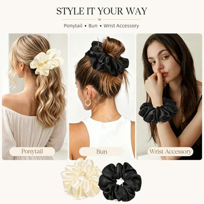 2 PCS Black Beige Jumbo Satin Silky Scrunchies 6.5 Inches Oversized Scrunchie Extra Large Big Hair Ties Ponytail Holder for Thick Curly Hair Women (Black, Beige) - color: Black, Cream