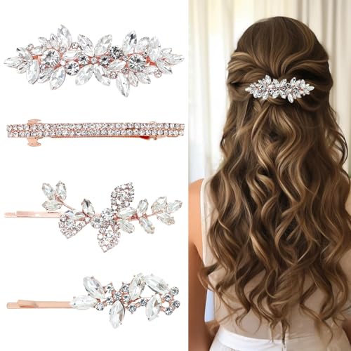 4 Pieces Rhinestone Hair Clips Leaf Wedding Hair Pins Crystal Bobby Pins Bridal Hairpin Barrette for Brides Bridesmaids Flower Girls (Rose Gold) - color: Rose Gold