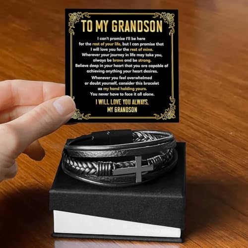 To My GrandSon Bracelet – Cross Braided Leather Bracelet, Meaningful GrandSon Gift from Grandpa & Grandma with Heartfelt Message Card & Elegant Gift Box for Birthday, Christmas, Graduation - color: Version#1