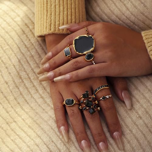Chunky Gold Rings for Women Non Tarnish, Baroque Pearl Flower Tiger's Eye Stone Rings Adjustable Stacking Statement Rings Set Fashion Jewelry Gifts - style: All Black Set