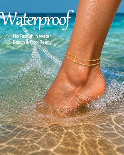 Gold Silver Ankle Bracelets for Women Waterproof 14K Gold Plated Anklets for Women Non Tarnish Dainty Layered Beaded Heart Anklet Set Summer Beach Foot Chain Jewelry Gifts Trendy Stuff - color: H- Non Tarnish Anklets-Gold