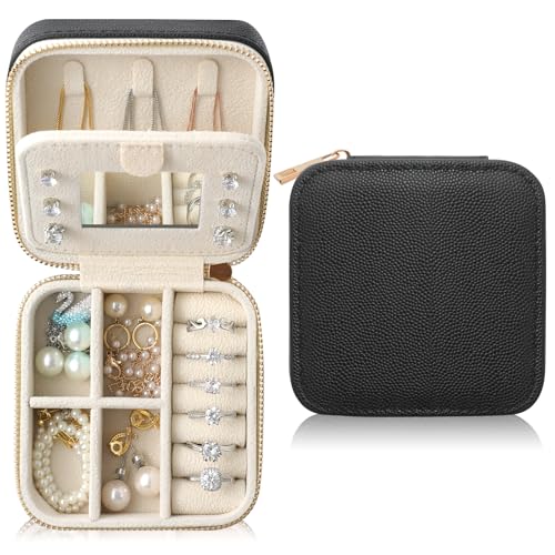 Genuine Leather Travel Jewelry Organizer Case with Mirror for Women, Small Mini Portable Jewelry Box for Earring, Ring, Necklace, Bracelet（Black） - color: Caviar Grain Leather Black