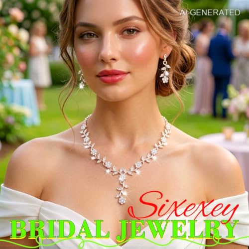 Sixexey Silver Rhinestone Jewelry Set Bridal Necklace Earrings for Women | Sparkly Prom Wedding Jewelry Accessories for Women