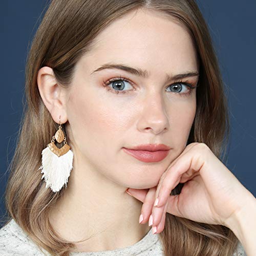 Bohemian Thread Tassel Drop Earrings - Geometric Petal Fan Fringe Feather Statement Chandelier Duster Dangles - color: Boho Tassel Chandelier - Ivory