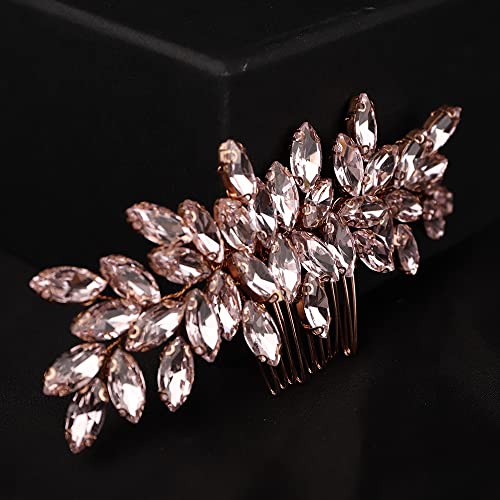 Teyglen Hair Comb, Rhinestone Crystal Hair Comb Headpiece for Women, Wedding Party Prom, Rose Gold-Pink Rhinestones Hair Piece, Size 15 *6cm/5.9 *2.36 inches, Alloy+Rhinestones, 1 Count - color: Rose Gold-Pink Rhinestones
