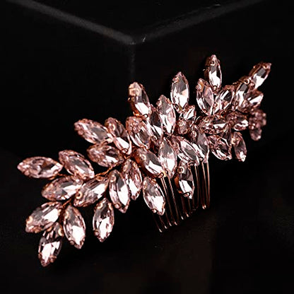Teyglen Hair Comb, Rhinestone Crystal Hair Comb Headpiece for Women, Wedding Party Prom, Rose Gold-Pink Rhinestones Hair Piece, Size 15 *6cm/5.9 *2.36 inches, Alloy+Rhinestones, 1 Count - color: Rose Gold-Pink Rhinestones