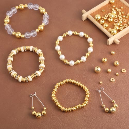 1000 Pcs Gold Beads for Bracelets, Assorted Gold Spacer Beads for Jewelry Making Smooth Round Gold Charms for Bracelets DIY Necklace Bracelet Jewelry Making