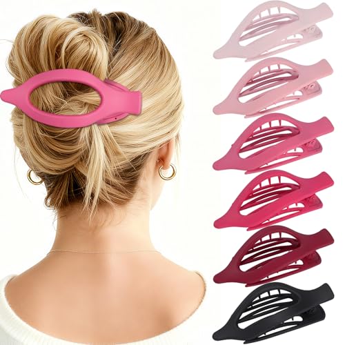 Flat Hair Clips for Women - 6 PCS French Flat Claw Clips Medium Hair Clips for Girls Large Hair Claw Clips for Thick or Thin Hair Strong Hold No Slip Hair Accessories for women (Pink) - color: Pink