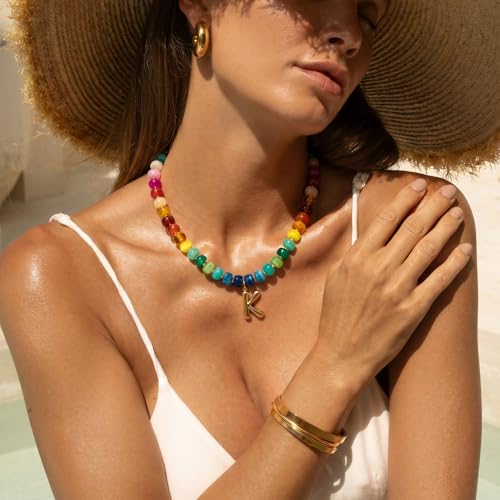 Chunky Beaded Bubble Initial Pendant Necklace Jewelry for Women | Big Large Bead Choker Letter Necklace Summer Beach Beachy Womens Statement Charm Gifts - color: Colorful K