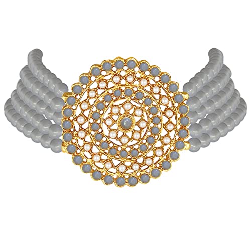 Aheli Pearl Diamond Choker Necklace & Round Earrings Gift for Women Indian Traditional Bollywood Fashion Bharatanatyam jewellery set - color: Grey