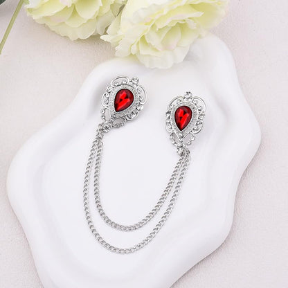 Teardrop Rhinestone Brooch Mens Lapel Pins for Shirt Collar Hanging Chain Brooch Suit Pin Crystal Rhinestone Lapel Pins for Men - color: Red-J