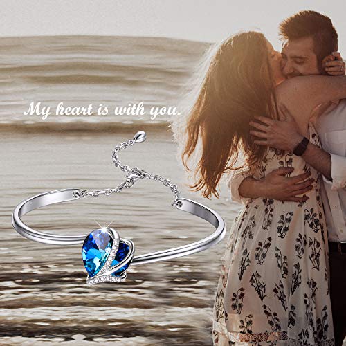 AOBOCO I Love You Jewelry - Sterling Silver Blue Purple Love Heart Bangle Bracelet Embellished with Crystals from Austria, Fine Anniversary Birthday Jewelry Gifts for Women - style: 02 Blue Bracelet